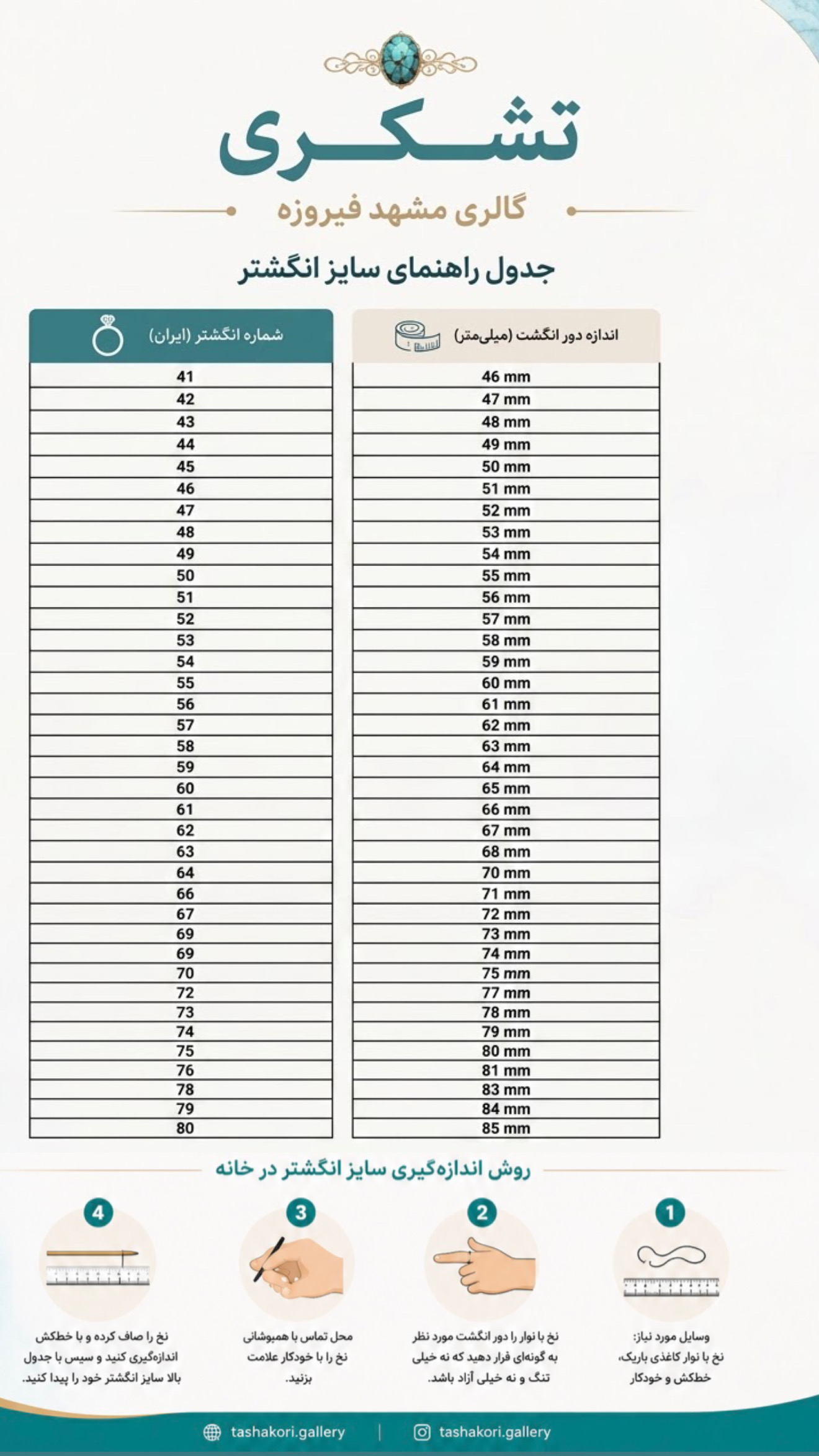جدول سایزبندی انگشتر